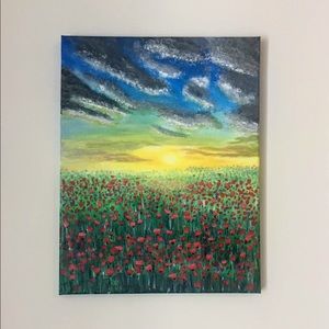 Acrylic Painting - Sunset over red flower field